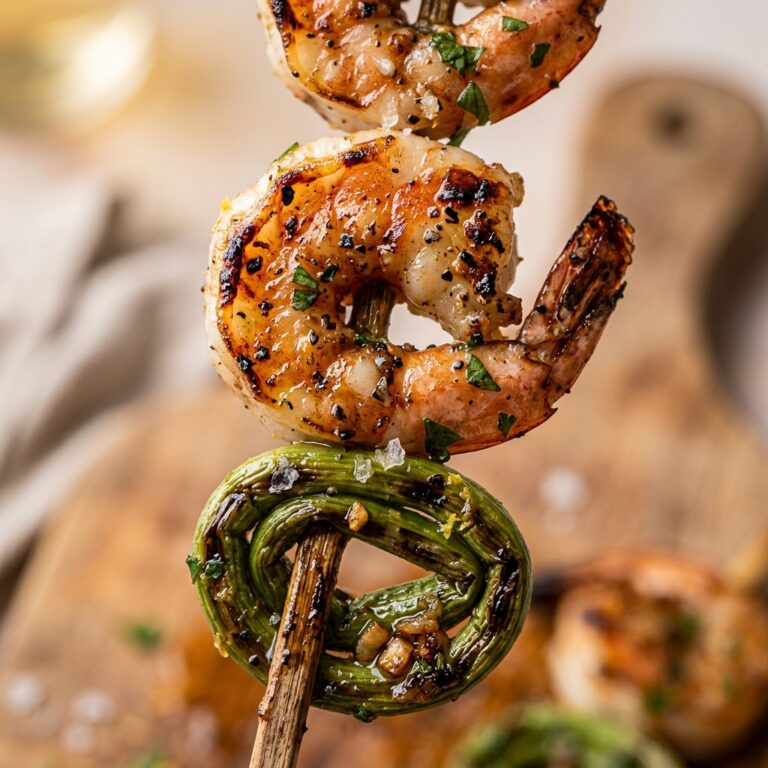 Grilled Garlic Scapes Shrimp Skewers