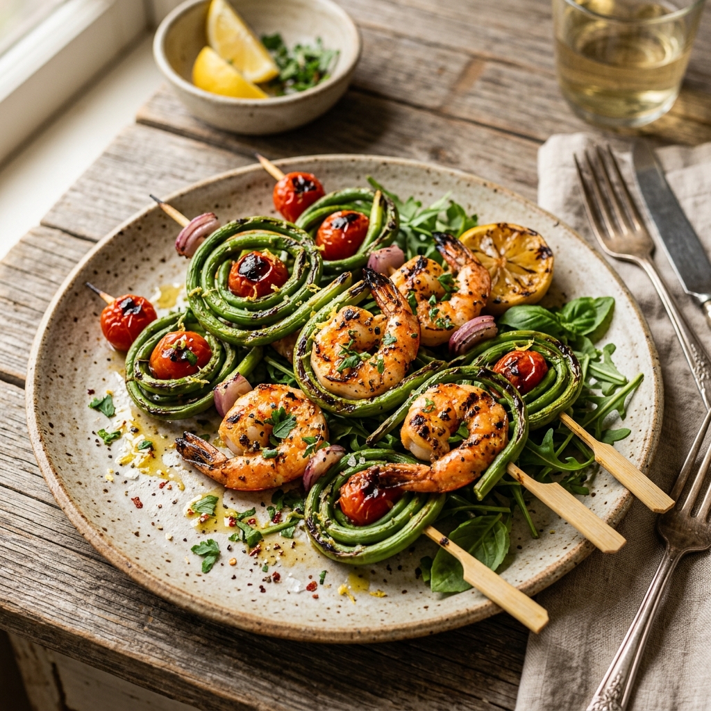 Grilled Garlic Scapes Shrimp Skewers