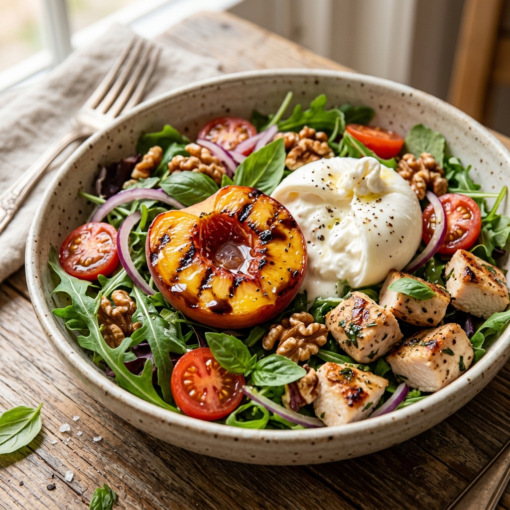 Grilled Peach Burrata Chicken Salad