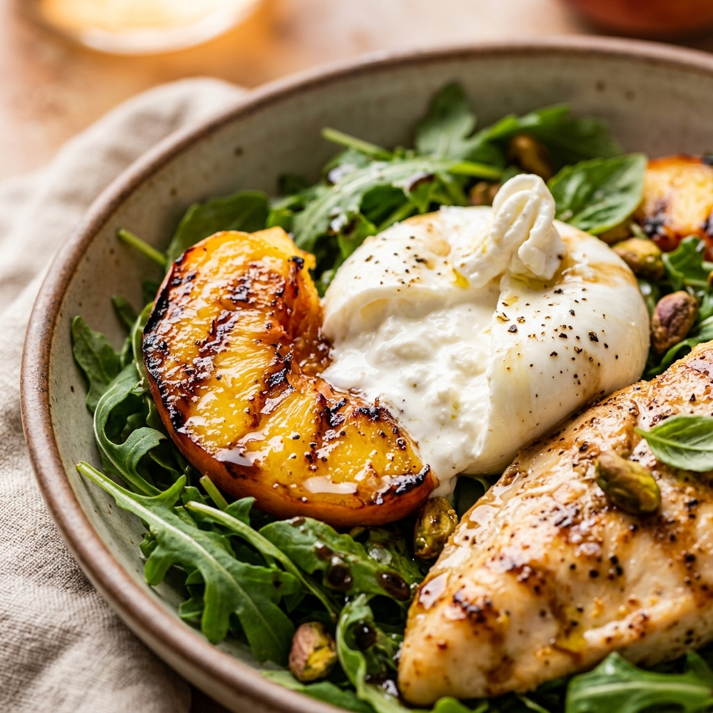 Grilled Peach Burrata Chicken Salad